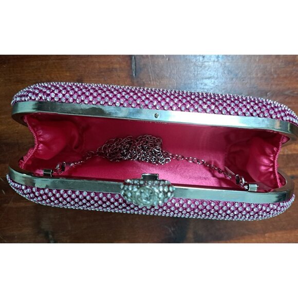 Wom Handbag Crystal Clutch Studded Pink Fuschia Purse Evening Holiday Bag - Picture 3 of 14